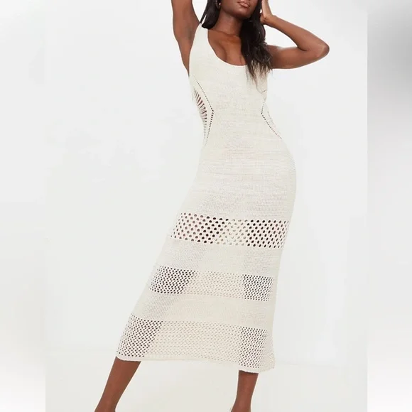 Tall Cream Crochet Plunged Maxi Dress. - Picture 2 of 6